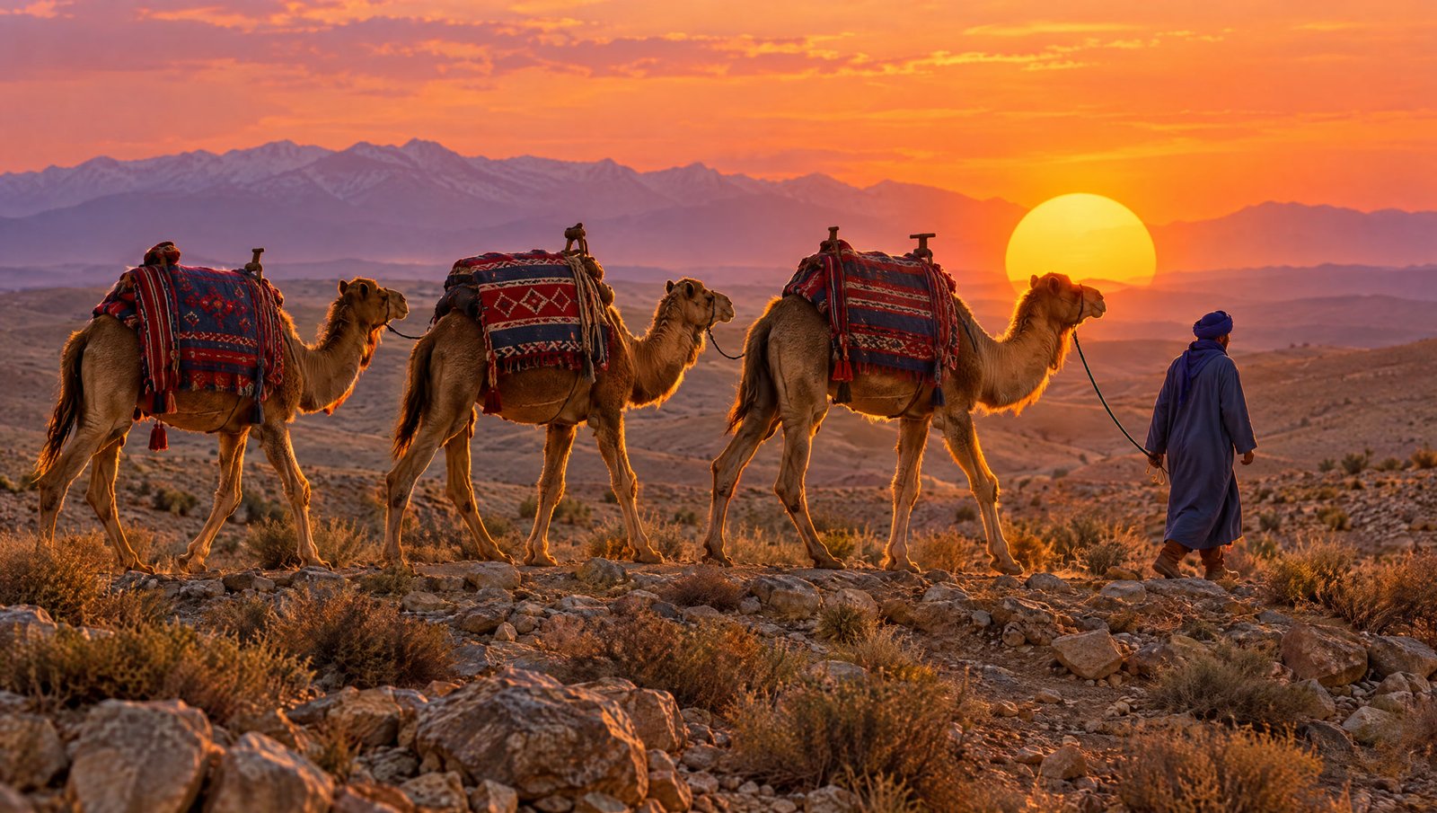 Camels on a ridge in the Agafay desert as the sun goes down
