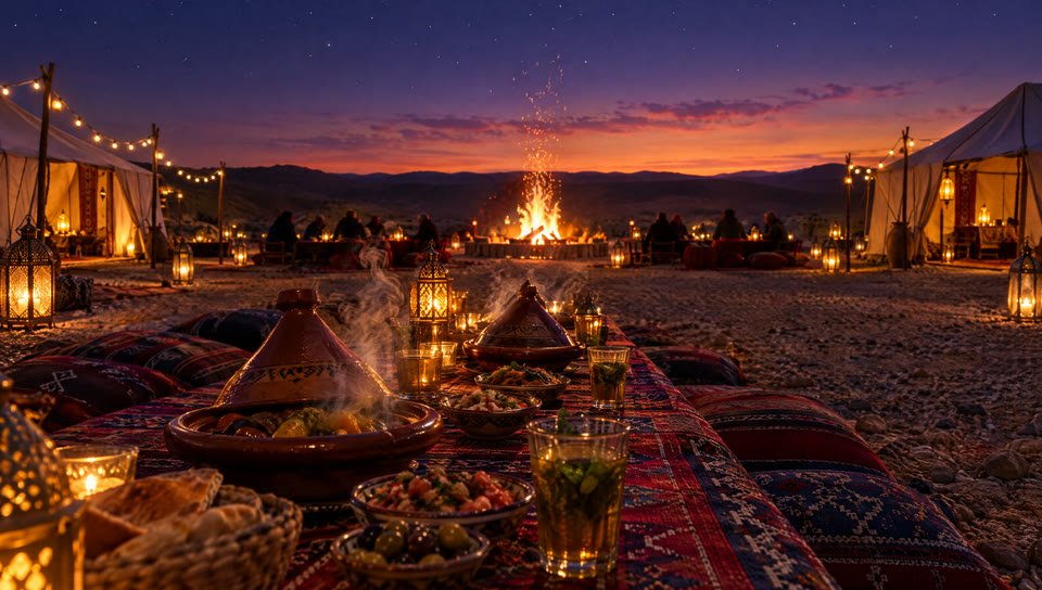 Une table éclairée par des lanternes, avec tajines et thé à la menthe au crépuscule