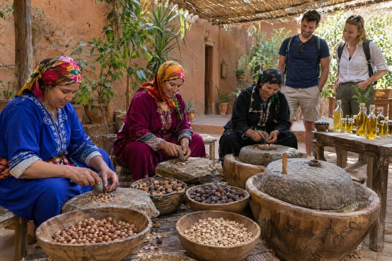 Women cracking argan nuts by hand at the cooperative