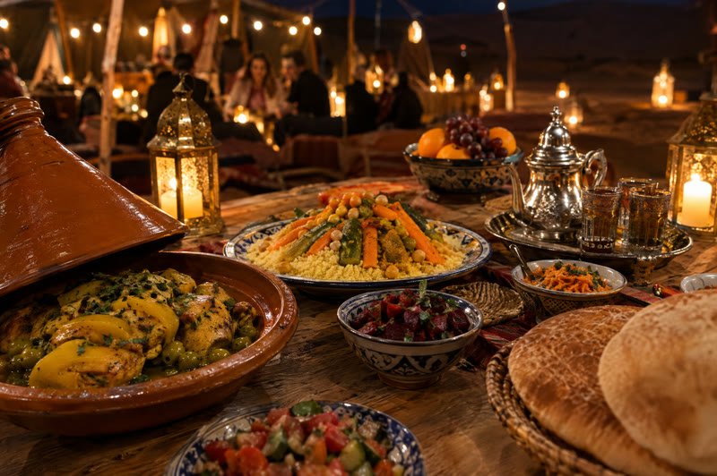 Tagine, couscous, salads, bread and fruit on the dinner table