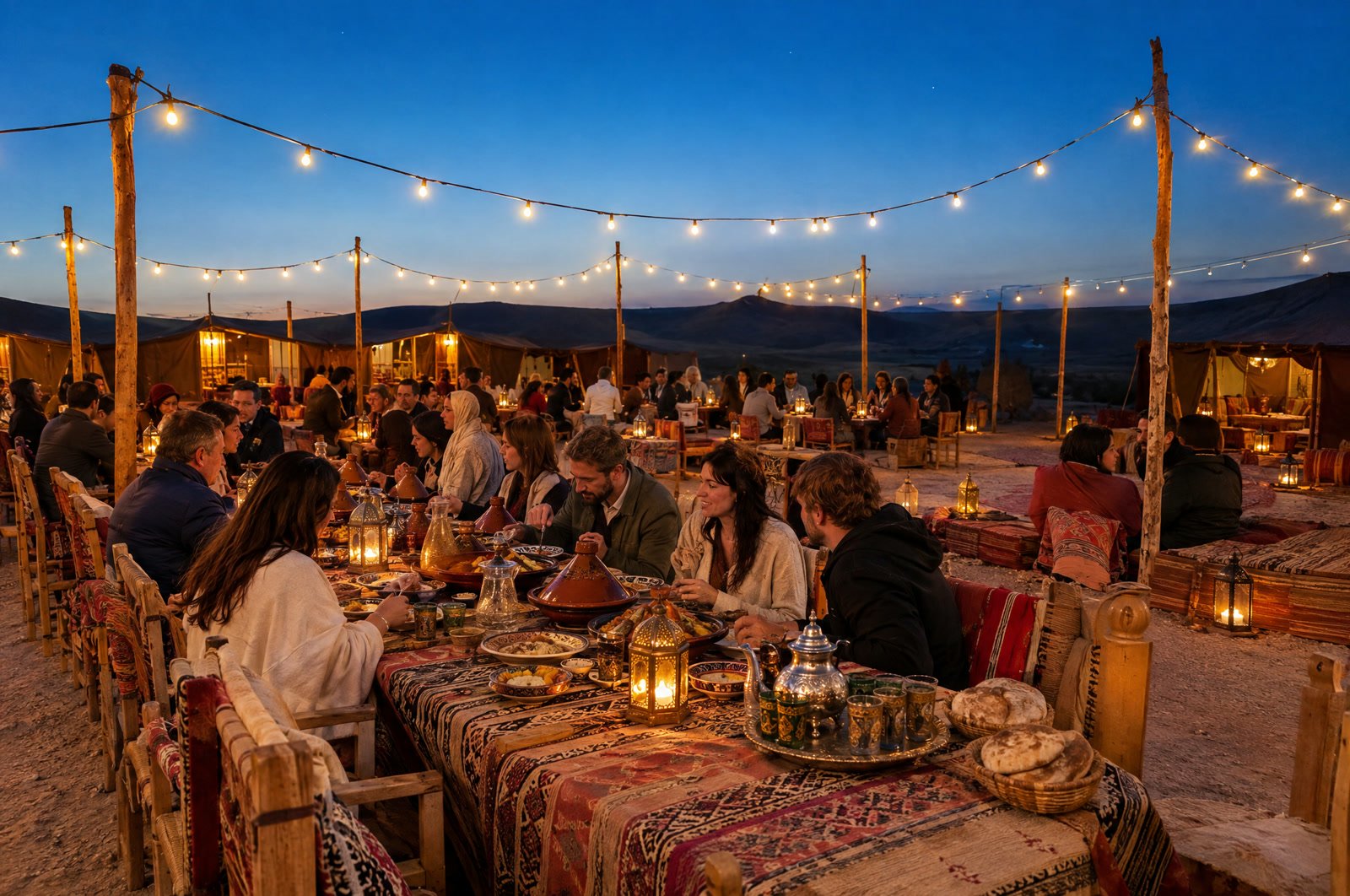 Cena bajo guirnaldas de luces al anochecer en el desierto de Agafay
