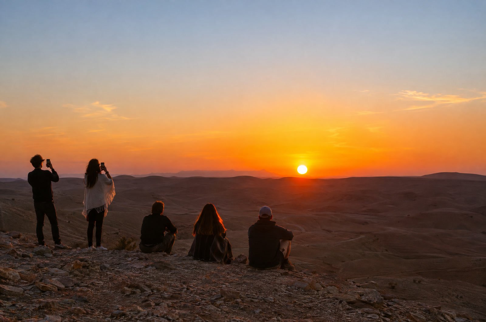 Travellers watching the sun set over the Agafay desert hills