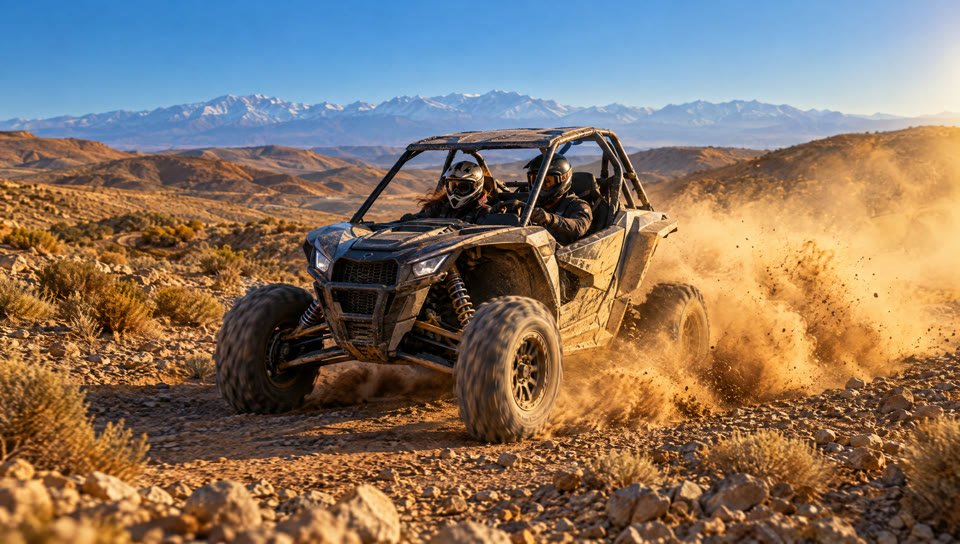 Un buggy soulève une poussière dorée sur une piste des collines d'Agafay